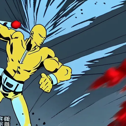 Prompt: dramatic action lines drawing of saitama charging up a punch, black rain and guts are raining down the sky