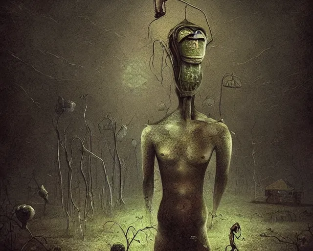 Prompt: a surreal painting of a bizarre otherworldly creature standing in a small eerie village, by anton semenov
