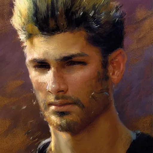 Image similar to a man with a faux hawk haircut, painting by Gaston Bussiere, Craig Mullins