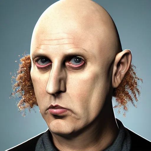 Image similar to A photograph portrait of bald Weird Al, Weird Al with no hair wearing a sweater, taken in the late 2010s, taken on a 2010s Camera, realistic, hyperrealistic, very realistic, highly detailed, very detailed, extremely detailed, detailed, digital art, trending on artstation, headshot and bodyshot, detailed face, very detailed face