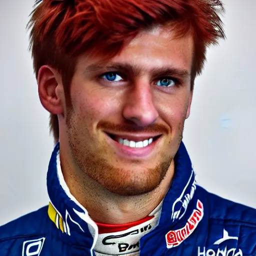 Prompt: a realistic detailed photo of a handsome guy who is an f 1 driver, with red hair