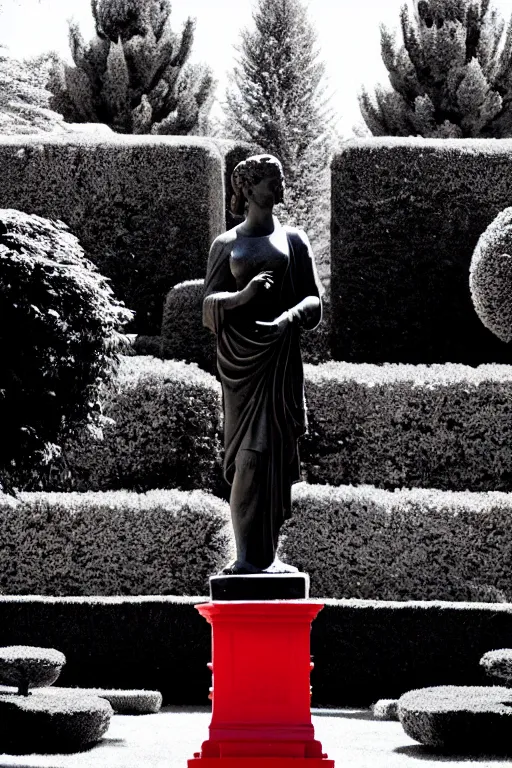 Prompt: A black and white garden with a red statue