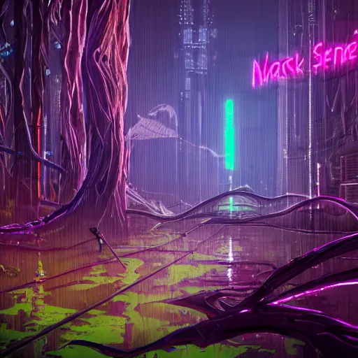 Prompt: cyberpunk magic swamp neon trees