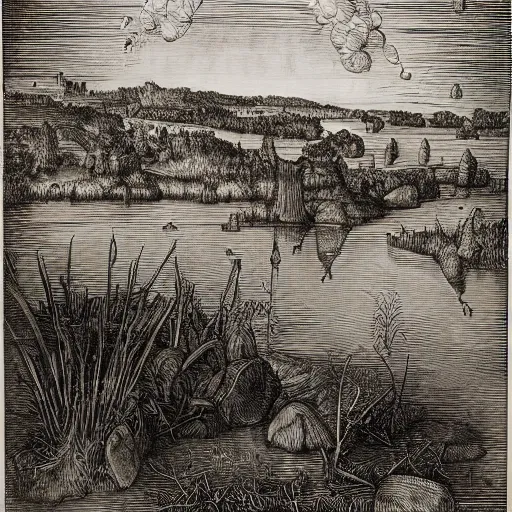 Prompt: albrecht durer engraving of a new england marsh