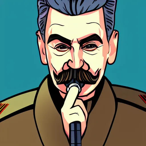 Image similar to cyberpunk joseph stalin smoking a pipe as the leader of a futuristic communist society, cybernetics, sharp lines, digital, artstation, colored in