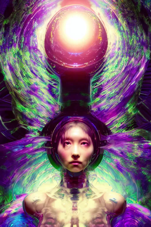 Image similar to A Weirdcore Mesmerizing 8k hyperrealistic Photo Portrait of The Biomechanic Empress Queen of Cosmic Creation, floating in forgotten Sentient iridescent mycelum solarpunk cathedral, Surrounded by Mist By Ayami Kojima, Daytoner, Greg Tocchini, James Jean,Yoshitaka Amano. Subsurface scattering. Octane Render.