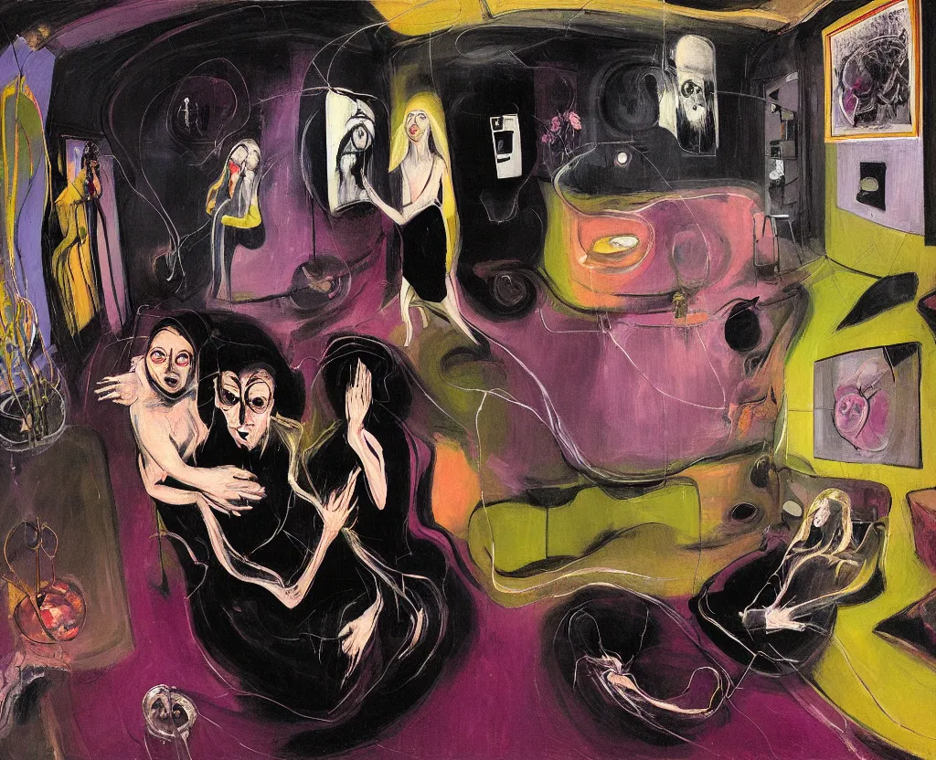 Image similar to Portrait of man and woman feeling love in the living room of a house, floating dark energy surrounds them. There is one plant to the side of the room, surrounded by a background of dark cyber mystic alchemical transmutation heavenless realm, fish eye lens, expressionist artwork by francis bacon and Jenny seville, midnight hour, part by adrian ghenie, part by jeffrey smith, part by josan gonzales, part by boris vallejo, part by norman rockwell, part by phil hale, part by kim dorland, artstation, highly detailed