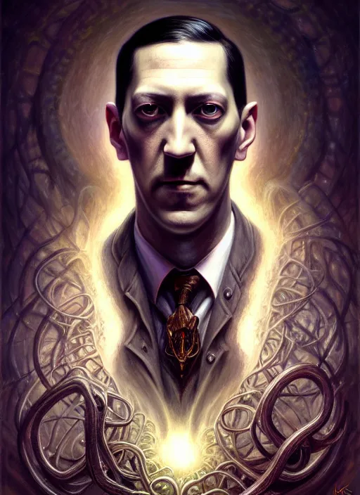 Image similar to portrait shot of h. p. lovecraft, intricate, elegant, highly detailed, centered, digital painting, artstation, concept art, smooth, sharp focus, illustration, artgerm, tomasz alen kopera, peter mohrbacher, donato giancola, joseph christian leyendecker, wlop, boris vallejo