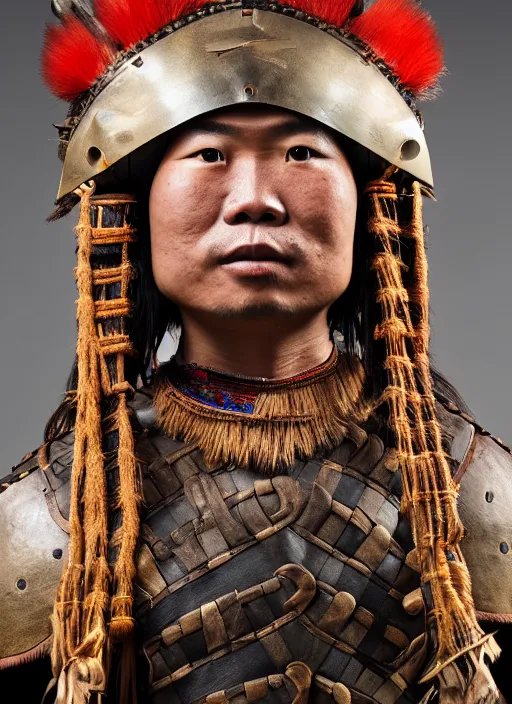 Prompt: tai warlord, closeup portrait, historical, ethnic group, traditional tai costume, bronze headset, leather shoulder armor, fantasy in