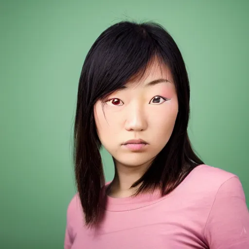 Prompt: front view mug shot of a young beautiful japanese female, digital photography, soft studio lighting, chroma green background