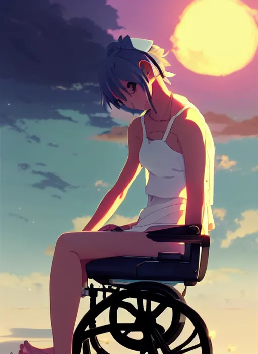 Prompt: side portrait of cute girl, sunset sky in background, beach landscape, illustration concept art anime key visual trending pixiv fanbox by wlop and greg rutkowski and makoto shinkai and studio ghibli and kyoto animation, futuristic wheelchair, symmetrical facial features, future clothing, realistic anatomy, backlit