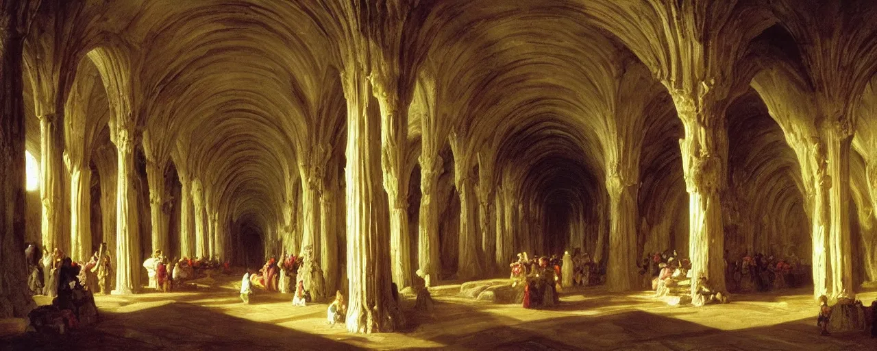 Prompt: The Great hall of Moria, the underground city of the dwarves, painted in the style of Thomas Cole and Albert Bierstadt, extremely realistic oil painting, elegant carvings, vaulted ceiling, massive pillars