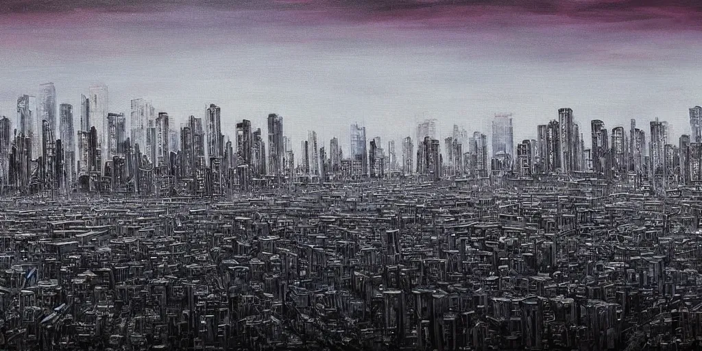 Image similar to an epic painting of the skyline of Tel Aviv in a future dystopian world, dark vibe,