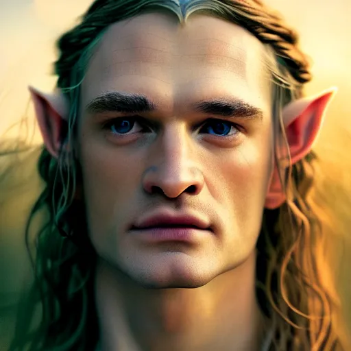 Image similar to photographic portrait of a stunningly beautiful renaissance pre raphaelite king legolas the elf male in soft dreamy light at sunset, contemporary fashion shoot, by edward robert hughes, annie leibovitz and steve mccurry, david lazar, jimmy nelsson, breathtaking, 8 k resolution, extremely detailed, beautiful, establishing shot, artistic, hyperrealistic, beautiful face, octane render