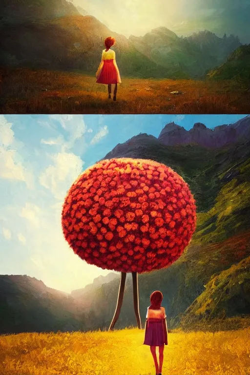 Image similar to giant daisy flower head, girl walking in the mountains, surreal photography, sunrise, dramatic light, impressionist painting, colorful clouds, digital painting, artstation, simon stalenhag