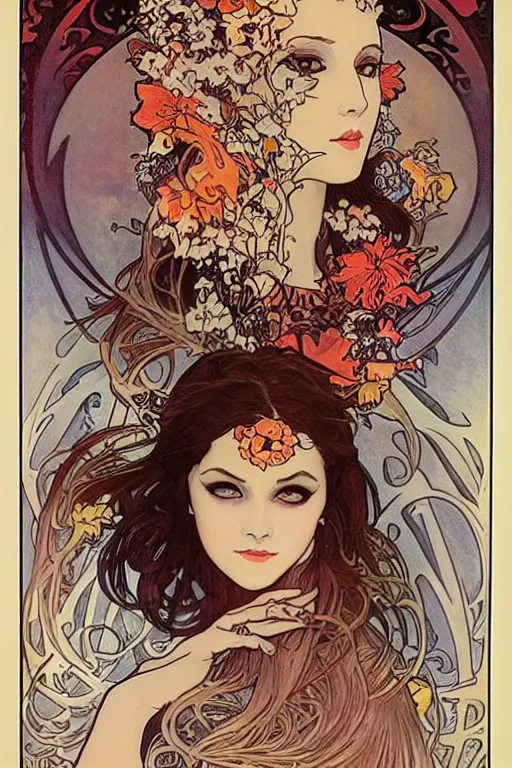 Image similar to female, beautiful, art noveau, alphonse mucha, louis royo, adam hughes, comic poster art, fall flowers, skulls, day of the dead, pumpkin, autumn, queen, spooky, cartoon, pencil drawing