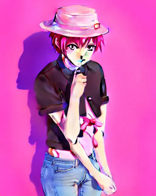 Image similar to anime style, vivid, expressive, full body, 4 k, painting, a cute magical girl with a short pink hair, pink fedora hat and pink jacket, stunning, realistic light and shadow effects, centered, simple background, studio ghibly makoto shinkai yuji yamaguchi