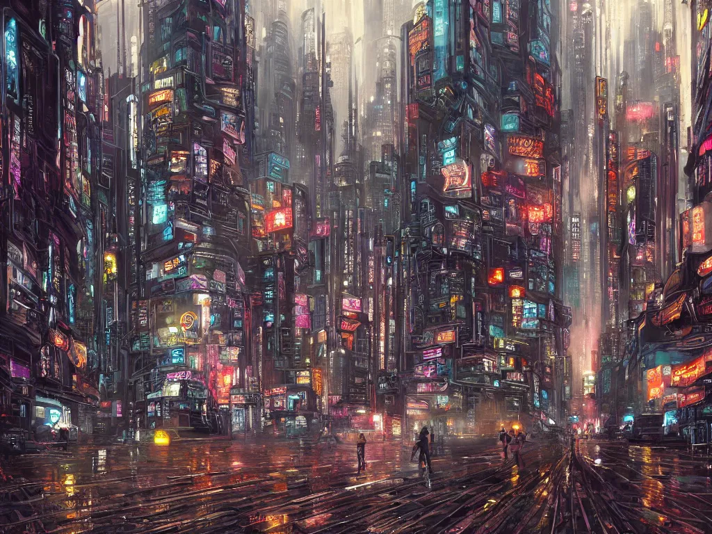 Prompt: hyperreaslitc and beautiful painting of a rushing and flowing heart of the city, gritty, smooth, fine detail, intricate, cyberpunk style, by hugh ferris and john smith