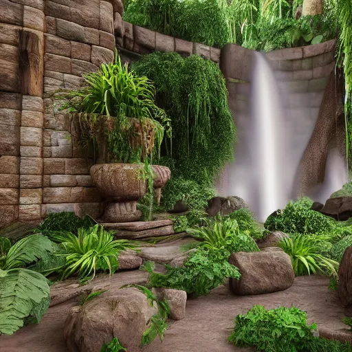 Image similar to Waterfalls and plants in a ancient greek interior,unreal engine,3d render