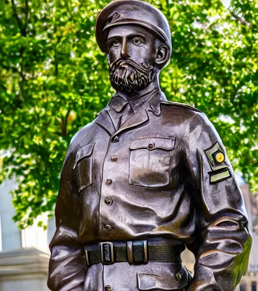 Image similar to a 4 k photorealistic photo medium shot waist up of a bronze statue of a young american soldier with a beard in a park