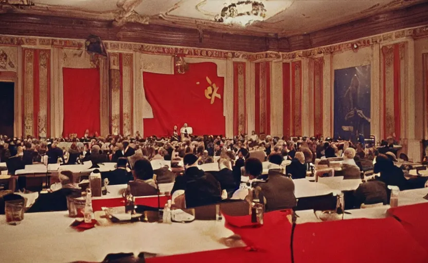 Image similar to 60s movie still of a CCCP congress with soviet flags and a bronze statue of Karl Marx stanilist style palace interior, by Irving Penn , cinestill 800t 35mm eastmancolor, heavy grainy picture, very detailed, high quality, 4k, HD criterion, precise texture