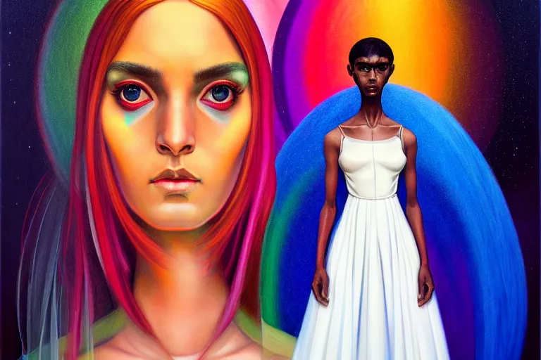 Image similar to patron saint of 🫀🌈👩🏾, futuristic wedding dress, neon god of city character portrait, in the style of margaret keane, moebius, tom bagshaw, and waterhouse, cinematic lighting, beautiful, elegant, oil painting,