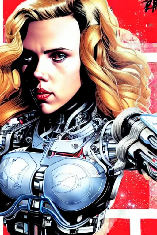 Image similar to a portrait of a beautiful cybernetically enhanced scarlett johansson, by marvel comics and sandra chevrier