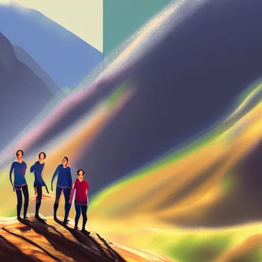 Image similar to close up photo of team in Armenia hiking at a weekend and posing with mountains on the background, elegant, highly detailed, digital painting, volumetric light, artstation, concept art, smooth, sharp focus, illustration