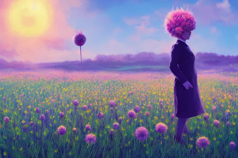 Image similar to giant thistle flower under head, a girl in a suit in field of flowers, surreal photography, sunrise, blue sky, dramatic light, impressionist painting, digital painting, artstation, simon stalenhag