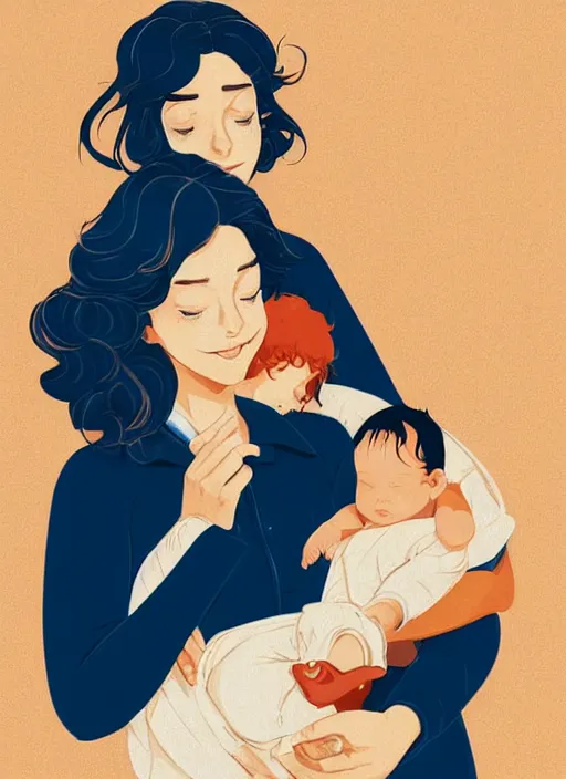 Prompt: a mother with short wavy curly light brown hair is sitting in a chair cradling a newborn baby. clean cel shaded vector art. shutterstock. behance hd by lois van baarle, artgerm, helen huang, by makoto shinkai and ilya kuvshinov, rossdraws, illustration, art by ilya kuvshinov