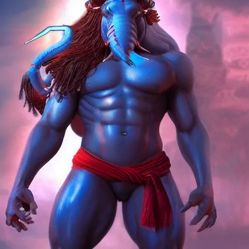 Image similar to muscular, blue bodied lord shiva, engineering a half elephant, half human being, vivid and colorful, cinematic, highly detailed, artstation