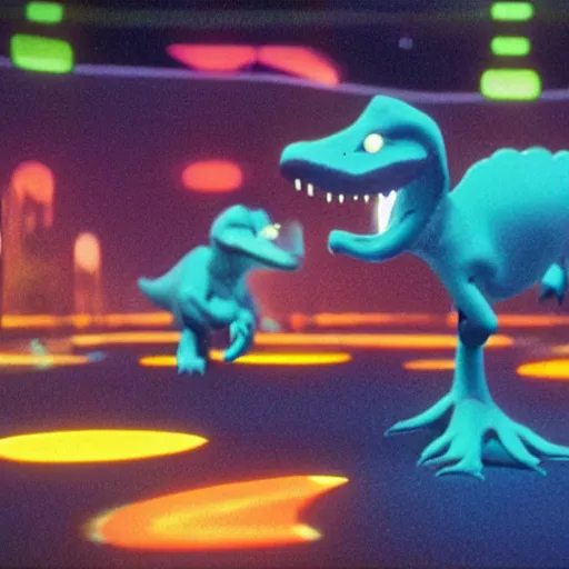 Image similar to baby dinosaurs in tron movie, cinestill