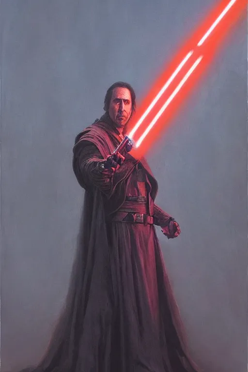 Image similar to Nicholas Cage Sith Lord holding red lightsaber, star wars, dark fantasy, intricate, highly detailed, smooth, artstation, painted by Wayne Barlowe, Greg Rutkowski, zdislav beksinski, Francis Bacon