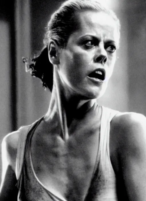 Image similar to film still of Sigourney Weaver as John McClane in Die Hard, 4k