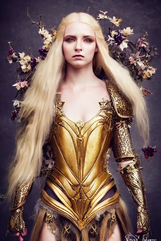 Image similar to very beautiful elven top model, golden hair, wearing alexander mcqueen gothic victorian armor with leaves and flowers, luxury materials, symmetrical, cinematic, elegant, professional studio light, real dlsr photography, sharp focus, 4 k, ultra hd, sense of awe, high fashion