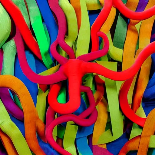 Image similar to cardboard cutout of tentacles, cut out of colored corrugated cardboard, realistic, cardboard cutout, flat, hyperrealistic photography