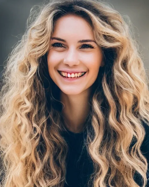 Prompt: beautiful woman with wavy blonde hair and a beautiful smile
