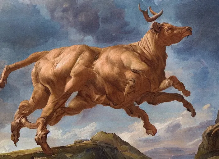 Image similar to a painting of a minotaur on a mountaintop giving a lecture on peak minotaur body fitness, and detailing how you too can achieve this perfection, epic painting, epic composition, trending on minotaurstation