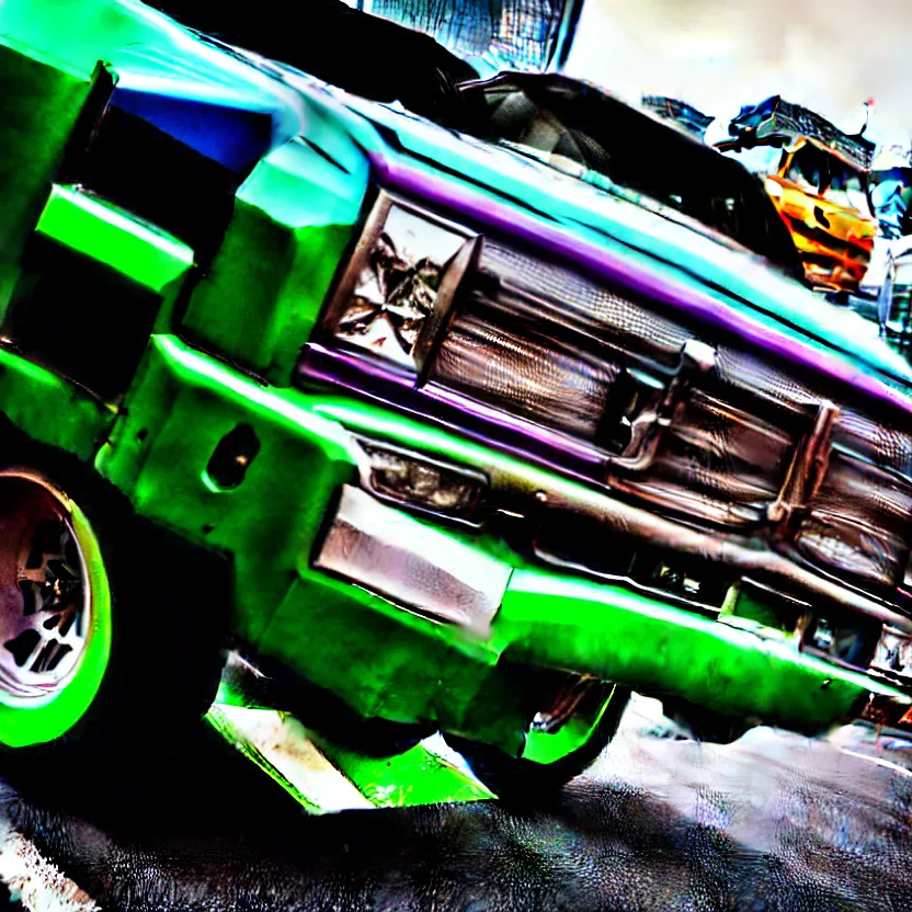 Prompt: close-up JZX100 twin turbo drift jet engine monster truck drag racer cowboy Cadillac in the road, Tokyo prefecture, Japanese architecture, city sunset mist lights, cinematic lighting, photorealistic, detailed alloy wheels, highly detailed purple green snake oil wacky races power ranger bat-mobile transformer car