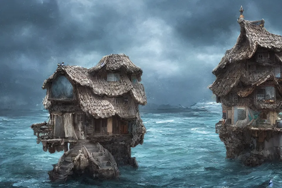 Prompt: seashell shaped house where the lone fisherman lives, in the style of ruan jia