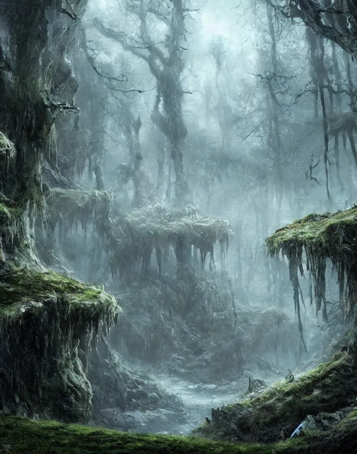 Prompt: atmospheric mossy tundra middle earth fortress, stunning visuals, creative, cinematic, ultra detailed, trending on art station