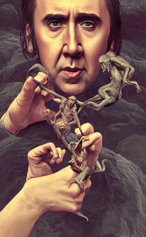 Prompt: nicolas cage as gollum, highly detailed, digital painting, artstation, concept art, smooth, sharp focus, illustration, art by artgerm and alphonse mucha, high definition digital art, in the style of ilya kuvshinov and Ross tran