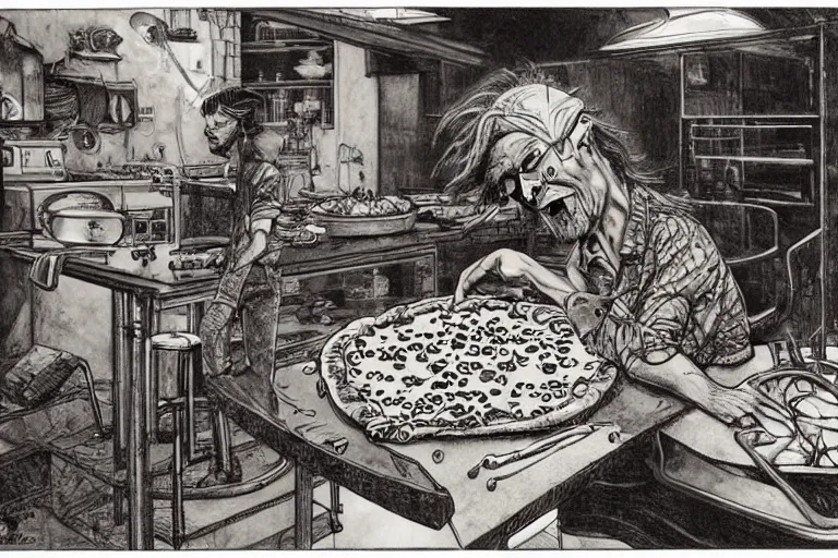 Prompt: a highly detailed nick cave baking pizza, full body, wide angle, an ultrafine detailed painting by p. craig russell and barry windsor - smith, trending on deviantart, octane, masterpiece