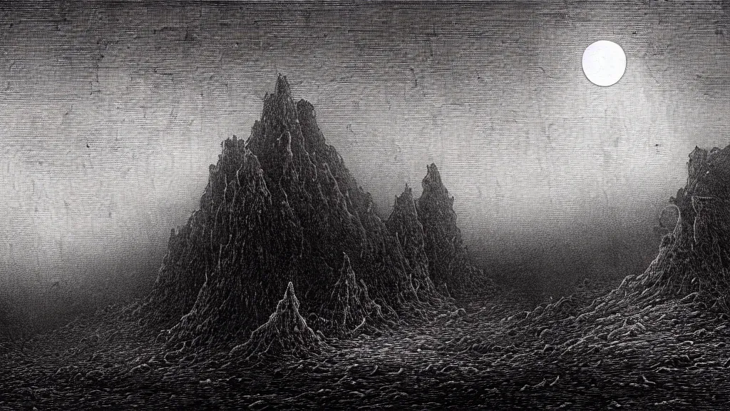 Prompt: the unknown place beyond the sea, ethereal world of dead oceans and burning mountains, under a pale dead moon, pale sands, blues and greys, a lifeless dried husk of a world, folk horror, dramatic dark eerie lighting, horrific surreal nightmare, etching by Gustave Dore, 8k resolution artwork, horror art, eerie, creepy, trending on artstation, painting, elaborate excellent painted illustration, smooth, sharp focus