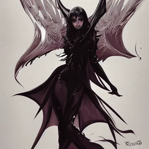 Image similar to demonic satanic woman with black bat wings, elegant, highly detailed, digital painting, artstation, concept art, sharp focus, illustration, strong brush stroke, anime, sharp focus, ghibli studio, art by ilya kuvshinov, rossdraws