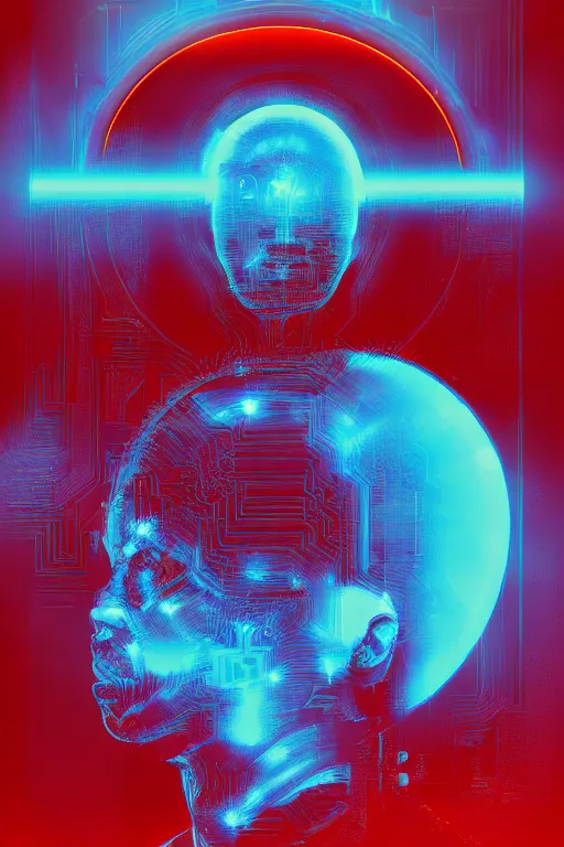 Image similar to vintage science fiction book cover, depicting artificial intelligence, azure color bleed, warm red tones, film grain, lensflare