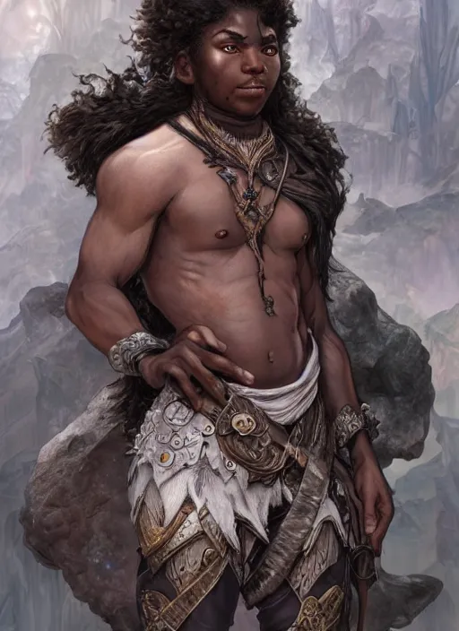 Prompt: male halfling mage with dark skin, beautiful detailed eyes, dirty, fantasy, intricate, rough, highly detailed, digital painting, 4k, HDR, concept art, detailed book, smooth, sharp focus, upper body shot, illustration, art by Artgerm, H R Giger and Alphonse Mucha