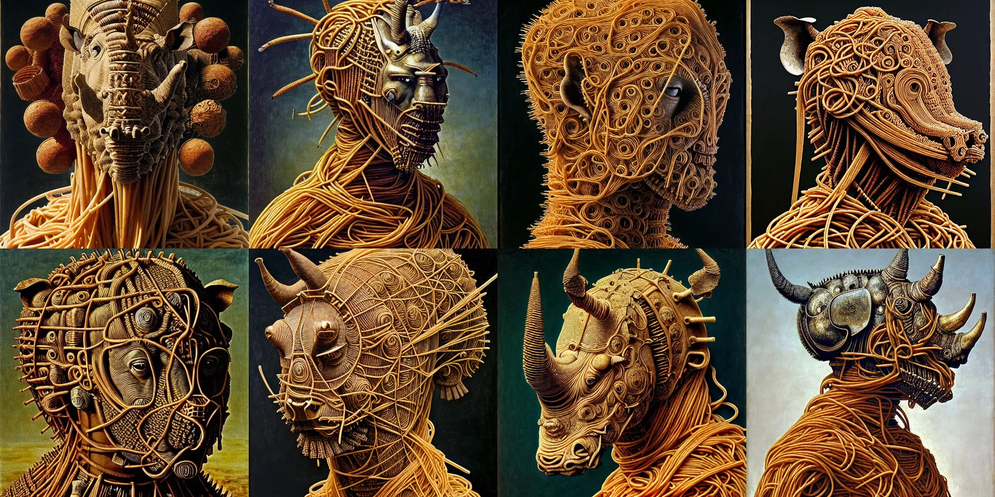 Prompt: full body and head of a half boy half rhino made of spaghetti, intricate armor made of spaghetti fractals, ancient warrior, samurai style, by giuseppe arcimboldo and ambrosius benson, renaissance, intricate and intense oil paint, a touch of beksinski, realistic