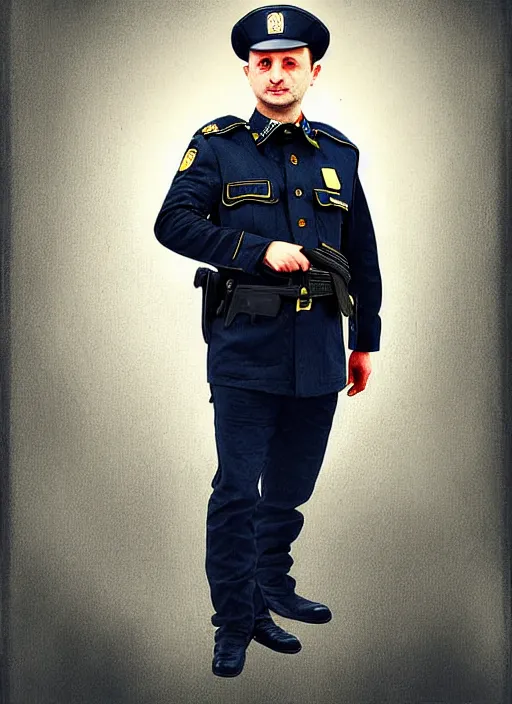 Image similar to volodymyr zelenskyy wearing a police uniform, digital art