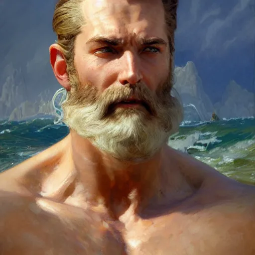 Image similar to detailed cinematic wide shot of sea captain muscular attractive masculine man beard slim face symettrical face clean skin blue eyes white hair, ultra realistic, spring light, painting by gaston bussiere, craig mullins, j. c. leyendecker